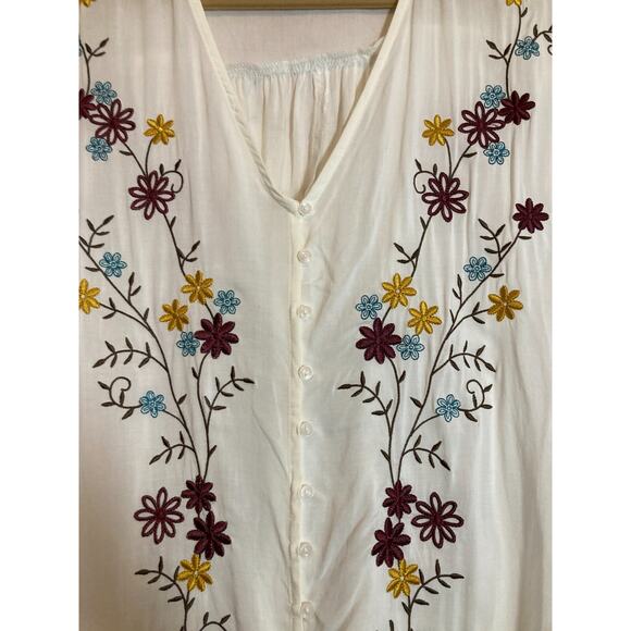 Cato Peasant Top Women Medium Ivory Floral Embroidered Tie Waist Cottage Prairie - Picture 4 of 13